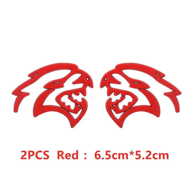 3D Metal Hellcat car logo stickers in a vibrant red color, designed for door, fender, side, rear trunk, or whole body decoration. The set includes two pieces, each measuring 6.5 cm in length and 5.2 cm in width. Made from durable metal alloy, these creative automotive decals are suitable for Dodge Challenger, Jeep, and other vehicles. The stickers feature a bold Hellcat design with intricate detailing, ideal for enhancing the exterior look of your car.