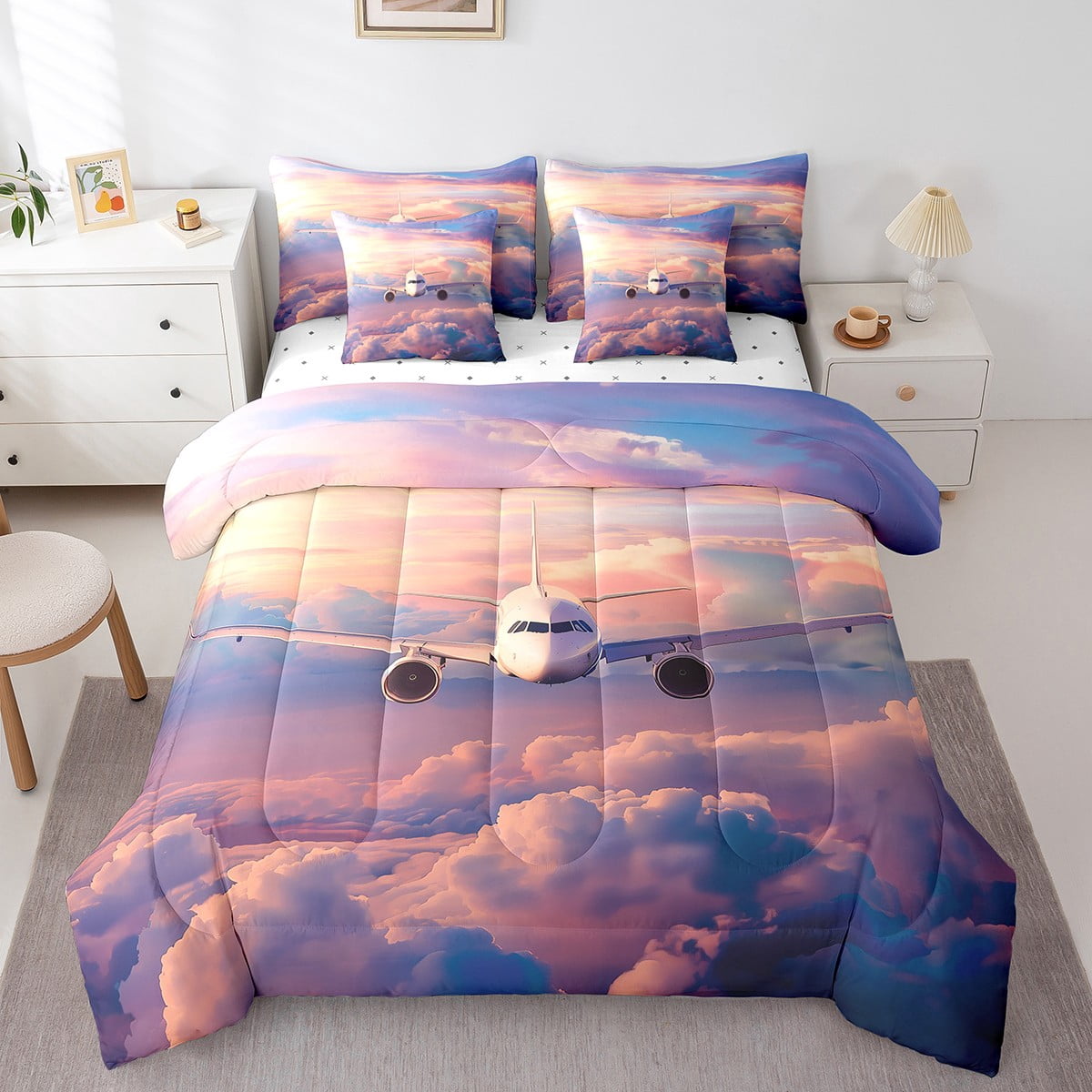 YST 7 Piece Airplane Comforter Set Full,3D Aircraft Bedding Set With Sheets For Kids Boys Adults Flying Machine Bed In A Bag ,Reversible Sky Clouds Bed Set With Comforter,Pillow Covers