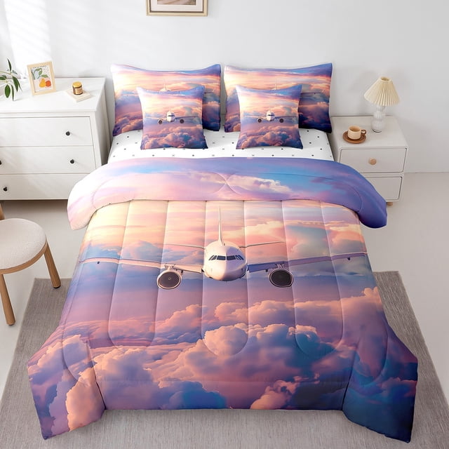YST Ensemble Douillette Avion 7 Pcs Simple, Ensemble de Literie Avion 3D avec Draps pour Enfants Garçons Adultes Machine Volante Lit en Sac, Ensemble de Lit Ciel Nuages Réversible avec Douillette, Housses d'Oreiller