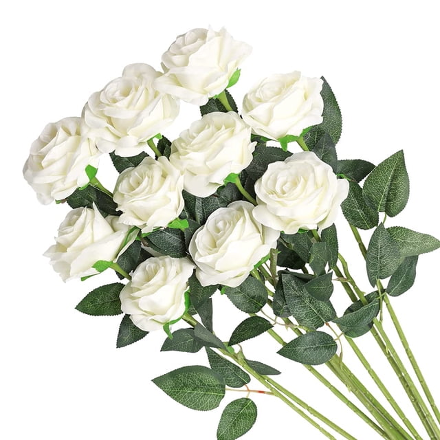 TETOU 5 Pcs Artificial Rose Flowers Silk Roses Real Touch Party Bridal Wedding Bouquet(White)
