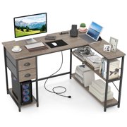 Gymax L Shaped Desk Corner Computer Desk w/ 2 Fabric Drawers Charging Station Gray & Black