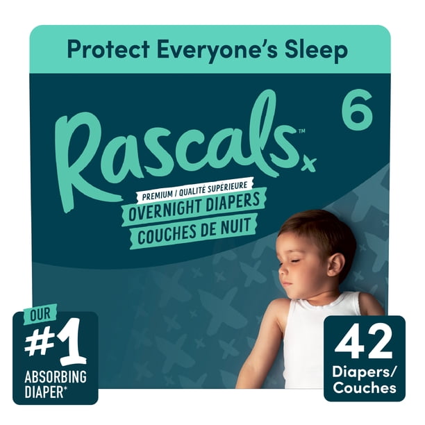 Rascals Overnight Absorbent Baby Diapers, Size 6, Carton, 42 Count