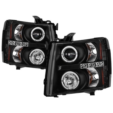 Spyder Automotive Ensemble de Phare 5009494 Faisceau de Projecteur avec Halo DEL; Boîtier Noir; Lentille Transparente; Ampoule Transparente H1/H1 Basse; Ensemble de 2