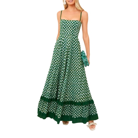 Gupgi Women Plaid Cami Dress Spaghetti Strap Checkerboard Print Long Dresses Summer Holiday Beach Flowy Dress