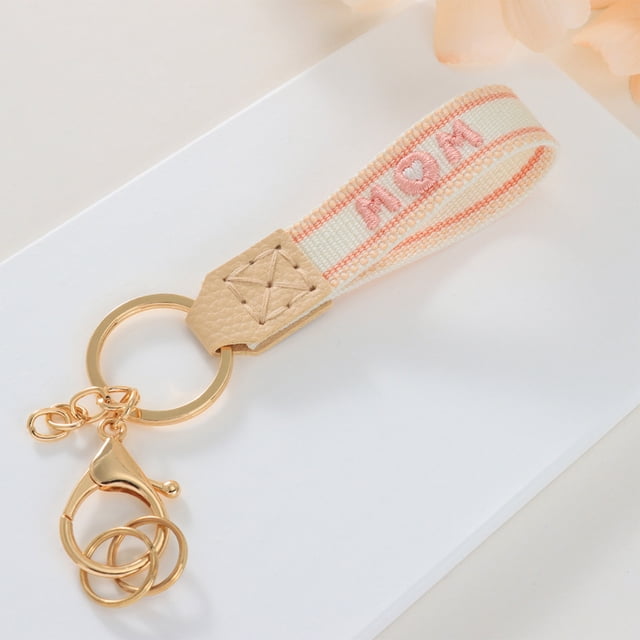 Short Fabric Embroidered Keychain for Mother's Day, Handmade Crochet Design with Leather Details, Measuring 15.5x3x1cm, Ideal as Key Accessory or Gift