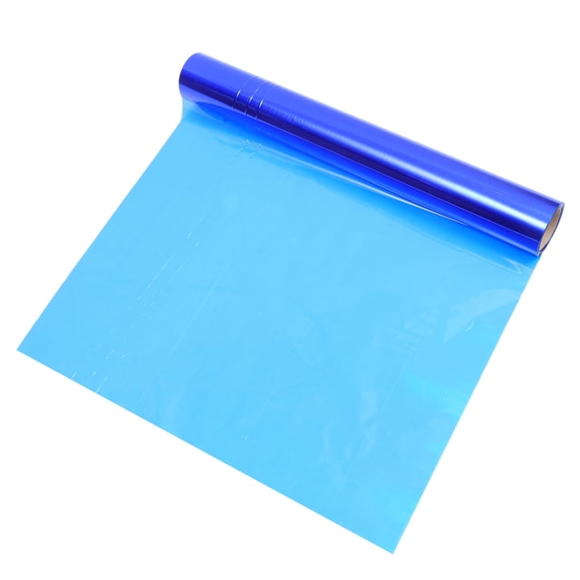 Cellophane Wrapping Paper Cellophane Wrap Roll Cellophane Wrap for Gifts Flowers. A roll of blue cellophane wrap made from durable OPP material, ideal for party supplies, gift wrapping, and floral arrangements. The roll is partially unrolled, showcasing its smooth and glossy texture. Easy to cut to desired lengths for versatile use in wrapping baskets, food, and other items.