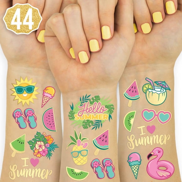 xo, Fetti Summer Pool Party Temporary Tattoos for Kids - Glitter styles Birthday Party Supplies, Beach Party Favors + Tropical Decor