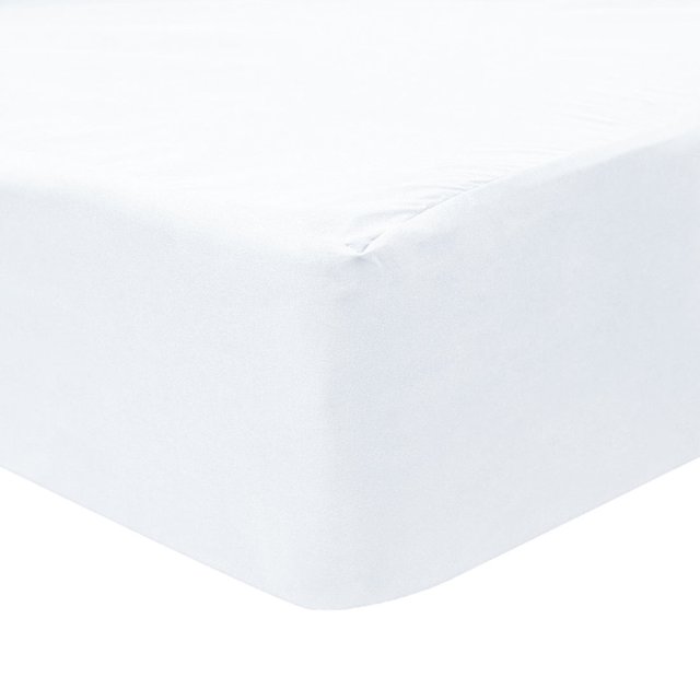 Unique Bargains 200TC Cotton Fitted Sheet with 15-inch deep pockets, shown in white. Made from 100% cotton with a 200 thread count for breathability and durability. Features all-around elastic for a secure fit on oversized mattresses, ideal for bedding upgrades.