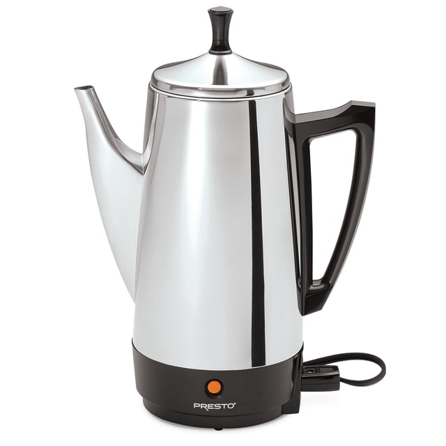 Presto Cafetière en Acier Inoxydable, Percolateur Robuste de 12 Tasses, Argent. une Cafetière Élégante de Style Percolateur Argent avec un Corps en Acier Inoxydable Poli, une Poignée Noire et un Bec Verseur. Comprend un signal Lumineux orange sur la base Noire et un Cordon d'Alimentation Amovible. Conçue pour Infuser jusqu'à 12 Tasses de Café avec une Fonction de Maintien au Chaud Automatique. Idéale pour les Cuisines Ou les Salles à Manger.