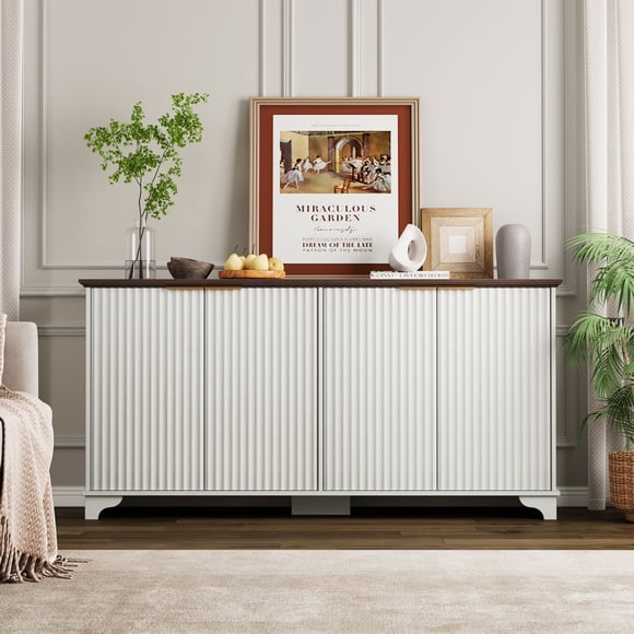 Fluted Sideboard Buffet Cabinet, Modern Storage Cabinet with 4 Doors, Wood Credenza Buffet Sideboards with Adjustable Shelves, Console Table for Kitchen Dining Living Room Entryway