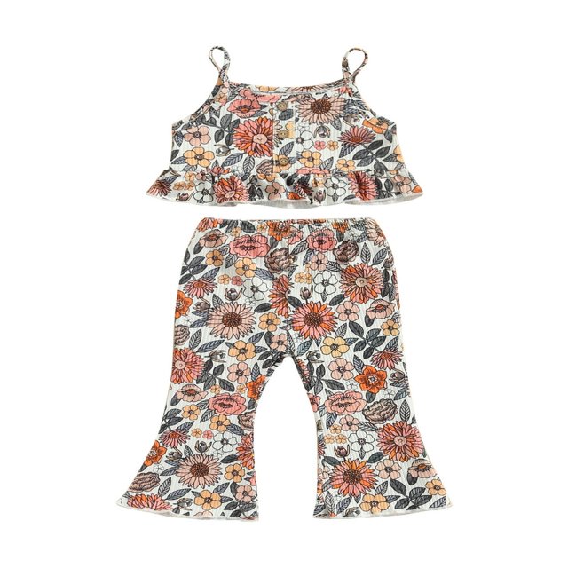 Toddler Baby Girls 2 Piece Summer Outfits Floral Print Halter Ruffle Crop Top and Flared Pants Set Pink 4-5 Years