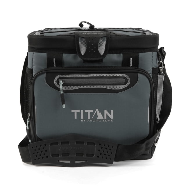 Titan by Arctic Zone Zipperless Soft Cooler in basalt grey with a front-facing soft rectangular design, patented flip-open zipperless lid, insulated front zippered pocket, and black adjustable shoulder strap with padded section, holding 24 cans with Deep Freeze Performance Insulation and ColdBlock base, ideal for camping and outdoor use.