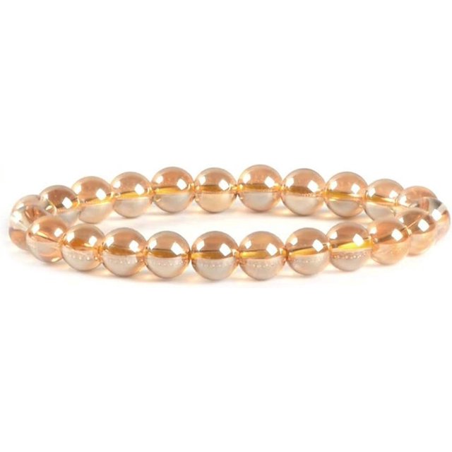 Bracelet Extensible Unisexe en Perles Rondes de 8 mm avec Pierre Précieuse en Quartz Transparent Enduit d'Or Rose 7 Pouces