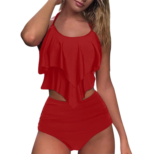 UPPADA Womens Two Piece Athletic Tankini Swimsuits Ruffle Sleeve Tankini Top with Swim Brief Tummy Control Modest Bathing Suits Plus Size Bathing Suits for Curvy Women Clearance,Red,S