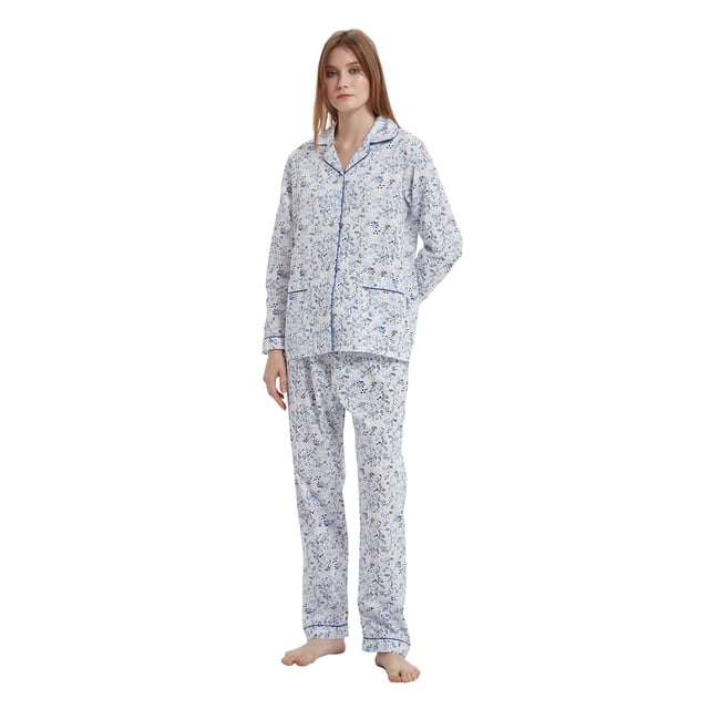GLOBAL Women's 100% Cotton Pajamas Set featuring a long-sleeve button-up top and matching full-length pants with a delicate floral print in blue and white. The set includes a drawstring waistband for adjustable comfort and is designed for sleepwear and loungewear. Suitable for women, available in sizes S-XXL.