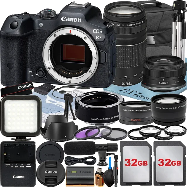 Canon EOS R7 Mirrorless Camera with RF-S 18-45mm + EF 75-300mm Lens + Mount Adapter + 2 Pack 32GB Memory Card + Case + ZeeTech Accessory