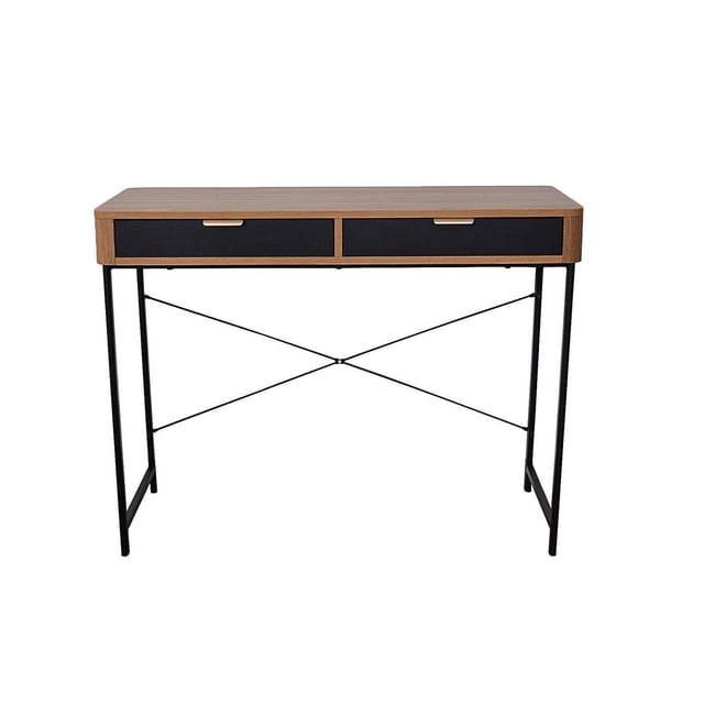 JR Home Collection Maverick Collection Desk with warm brown 3D laminated veneer top and two black drawers, supported by an industrial black powder-coated metal frame with crossbar supports, ideal for compact office or workspace use and suitable for writing or laptop tasks.