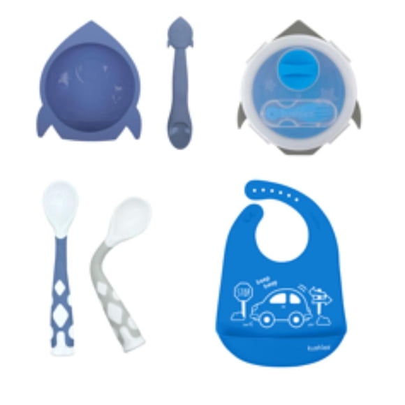 Kushies 100% Silicone Feeding Meal Set - (Bowl & Food Container & Spoons & Silicone Bib with pocket) – Dishwasher & Microwave Safe - Azure - 6 months +