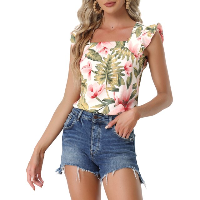 INSPIRE CHIC Débardeur à Volants à Encolure Carrée Imprimé Tropical pour Femme TG Blanc