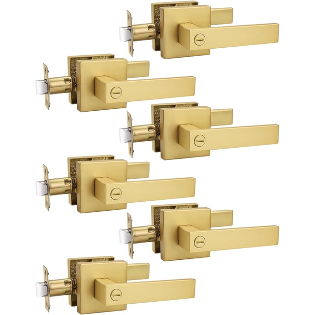 No Lock Passage Brushed Gold Door Lever Reversible Door Handle Without Locking for Right/Left Handed Door Heavy Duty Square Lever Set for Interior/Exterior Use