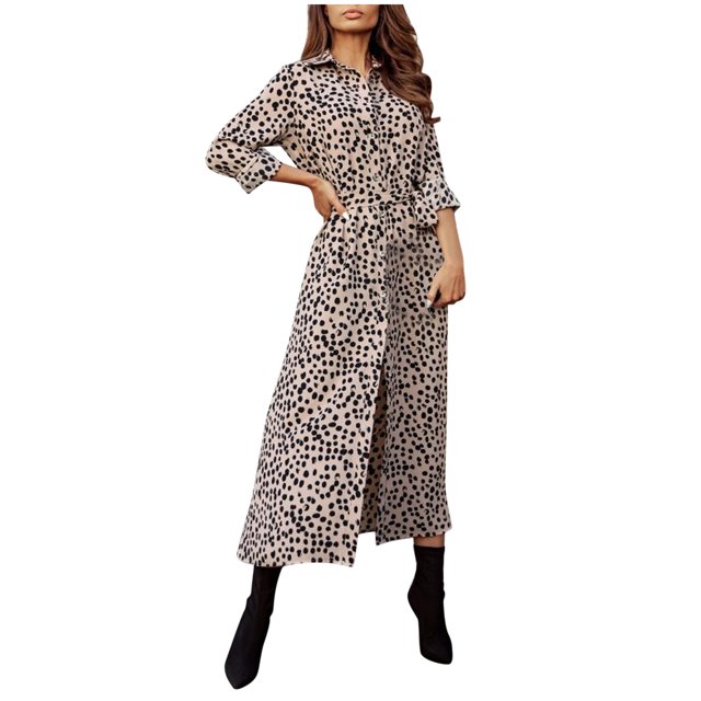 Fridja Robe Maxi Vintage Bohème en Chiffon à Manches Longues Imprimé Léopard pour Femmes