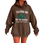 Christmas Women Long Sleeve Letter Graphic Printed Drawstring Hoodie Pullover Sweatshirts Blouse With Pocket Sweatshirt Hoodies for Women Lightweight Zip up Hoodie Casual Womens Sweat Shirts Brown S