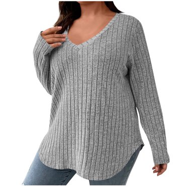 Timegard Womens Plus Size Tops Ribbed V-Neck Long Sleeve Knit Loose Pullover Sweater Casual Warm Top