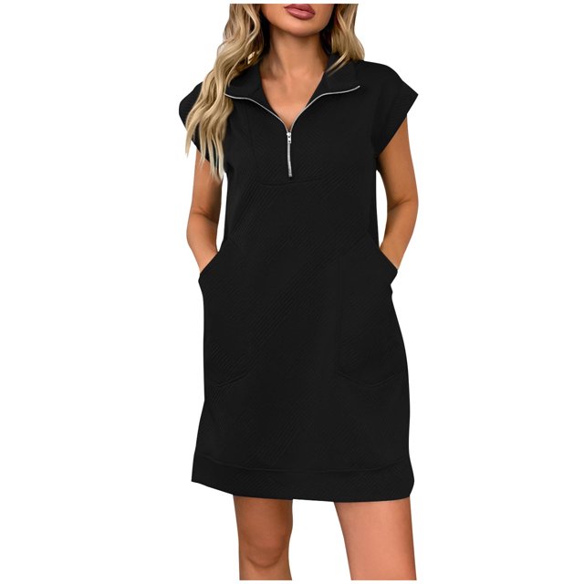 Taqqpue Robe Chandail en Molleton pour Femmes 2025 Décontractée Manches Courtes Demi-Fermeture à Glissière Col en V Tunique Chandail Mini Col Rabattu Mini Robe avec Poches