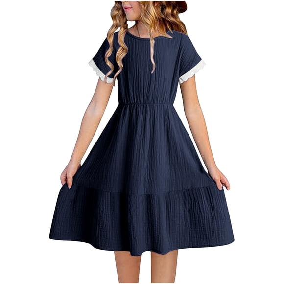 Pitauce Big Girls Summer Casual Dresses Crew Neck Lace Ruffle Short Sleeve Tiered T-Shirt Dress Flowy Swing Midi Dress Size 4-14 Years