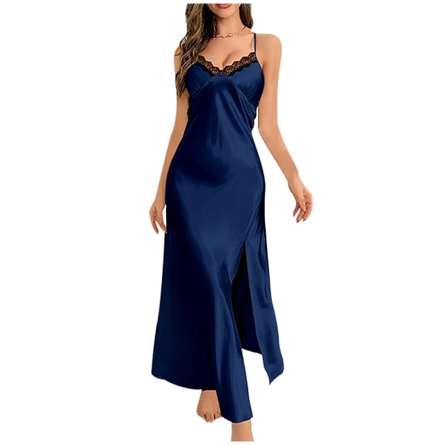 FAIWAD Nightgown for Womens Sleeveless Spaghetti Strap Split Dress Solid Color Draped Midi Dress Robe