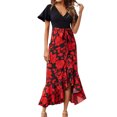 thumbnail image 2 of Jusqu'à 65 % de Réduction! Robes de Mode d'Été pour Femmes 2024 Grande Taille pour Manches Courtes Col en V Boho Imprimé Floral Ceinture Taille Haute Basse à Volants Robe Maxi Cocktail, 2 of 7