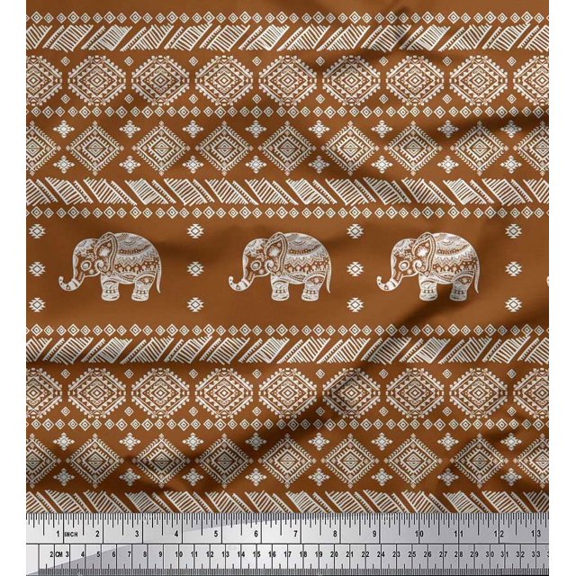 Soimoi Cotton Duck Fabric Aztec & Tribal Elephant Animal Printed Fabric 1 Yard 56 Inch Wide
