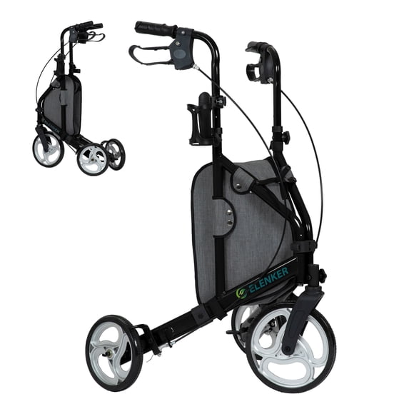Elenker Déambulateur à 3 Roues pour Aînés, Déambulateur à Roulettes Pliable avec Roue de 10 Pouces, Hauteur Ajustable, Noir