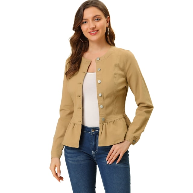 INSPIRE CHIC Women's Round Neck Collarless Button Down Peplum Denim Jacket