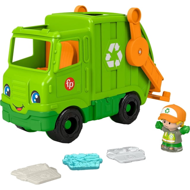 Fisher-Price Little People Recycling Truck Musical Toddler Garbage Toy Set with a green plastic recycling truck featuring an orange loader arm, black wheels, and a white recycling symbol on the side. Includes one sanitation worker figure in a green and orange uniform with a recycling logo and three recycling play pieces for sorting and loading. Suitable for toddlers and preschoolers ages 1 to 5 to develop fine motor skills and hand-eye coordination during play.