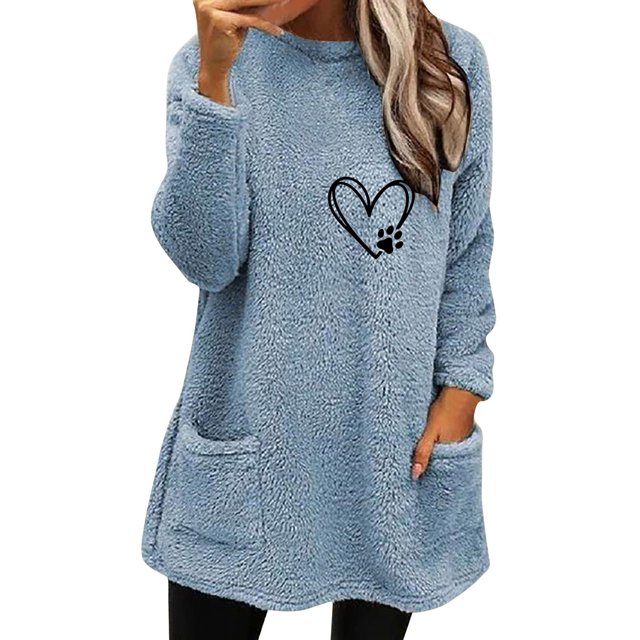 Qertyioot Hauts Grande Taille pour Femmes, Blouse à Manches Longues Chaude pour Femmes à Col Rond et d'Hiver, Ample, Imprimée, avec Poche