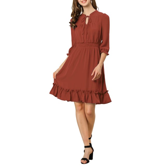 INSPIRE CHIC Juniors Layered Ruffle Hem 3/4 Sleeves Smocked A-Line Chiffon Dress