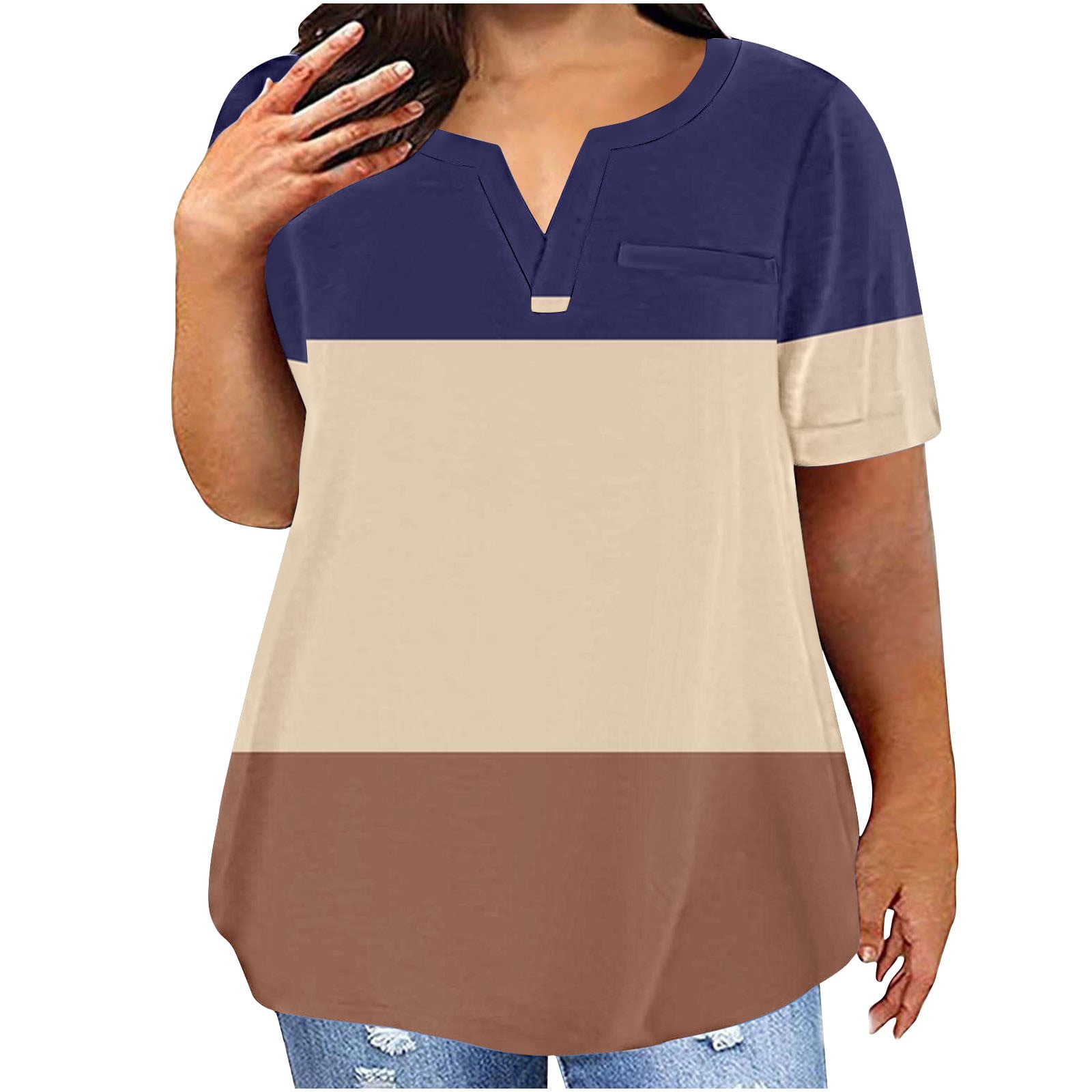 Timegard Plus Size Top for Women Notched V Neck Drop Shoulder Color Block Short Sleeve Casual Blouse