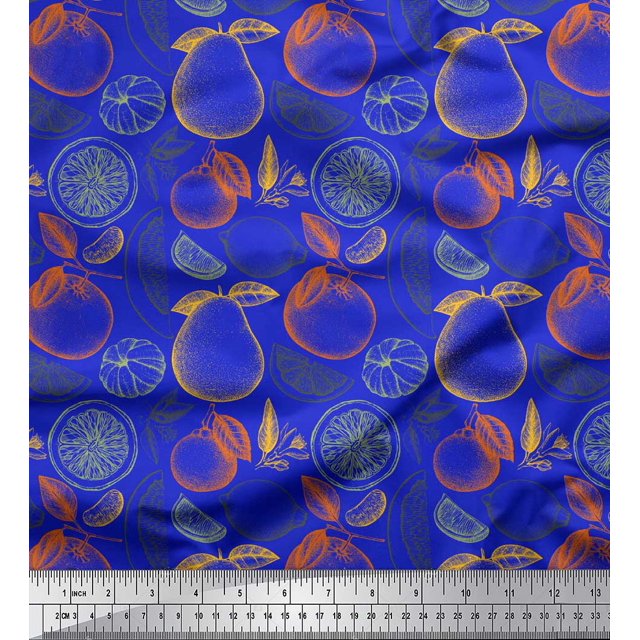 Soimoi Blue Silk Fabric Mix Fruits Decor Fabric Printed Yard 42 Inch Wide