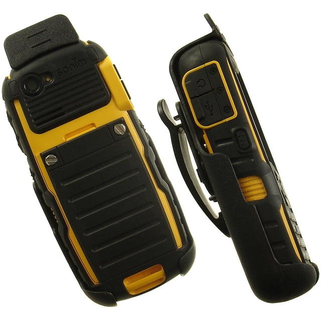 Étui-holster de Ceinture à clip à Ressort Noir Conçu pour Bell Sonim Bolt 2 IS, SL, XP5560 et XP1520 Téléphones. l'Image Montre un Téléphone Sonim Jaune et Noir Robuste Bien Placé dans l'Holster, Qui Est Fait de polycarbonate Rigide avec une Finition Mate. l'Holster Présente un clip de Ceinture à Profil Bas Pouvant Pivoter et Se Verrouiller en 13 positions, Permettant un placement vertical Ou horizontal. les Ports pour le Chargement et les Casques Restent Accessibles pendant Que le Téléphone Est dans l'Holster
