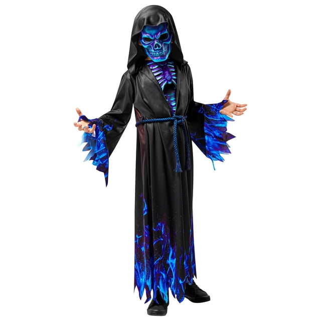 Blue Reaper Costume pour Garçon avec une robe à Capuche Noire en polyester avec des Motifs de Squelette Ardent Bleu sur la Poitrine, les Manches et l'Ourlet Dentelé, Noué avec une Ceinture en Corde Bleue, Idéal pour les Déguisements d'Halloween des Garçons et les Événements Effrayants.