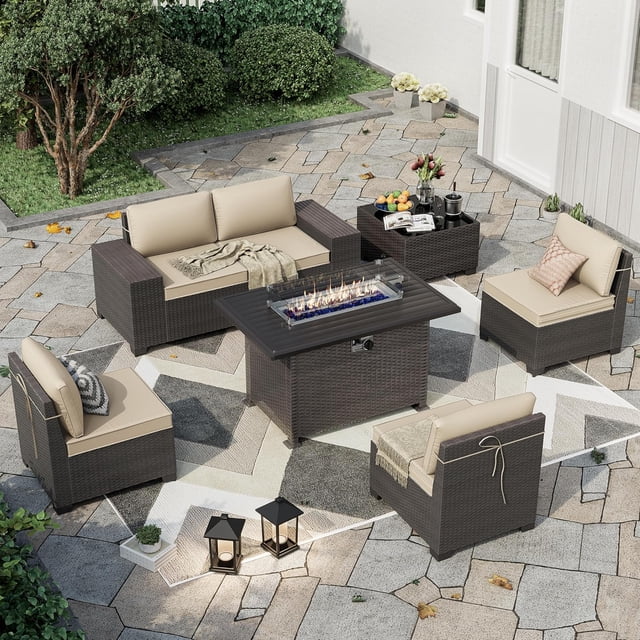 Kullavik Patio Furniture Sectional Sofa Set 7-Pieces PE Rattan Patio Conversation Set w/43in Gas Fire Pit Table, Outdoor Furniture with 55000 BTU Propane Fire Pit, Sand.