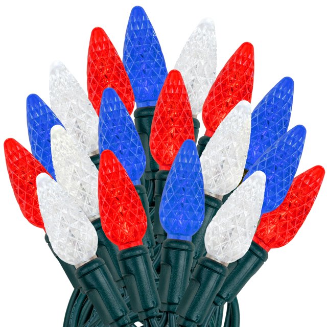 Novelty Lights 24FT 70 LED C6 Outdoor USA String Lights, Red, White & Blue