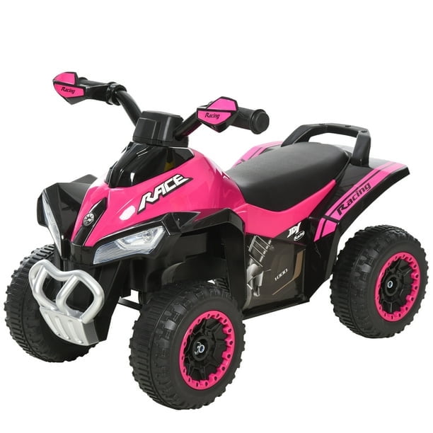 Aosom 4 Wheels Ride on Motorcycle Toy for Kids in pink, designed for toddlers aged 18-36 months. This foot-to-floor ride-on features a sturdy PP and steel frame, a comfortable seat with a height of 11.5 inches, and a weight capacity of 44 lbs. It includes music and a lightening function, requiring three 1.5V dry batteries. The toy has a novel design with black and pink accents, large textured wheels for stability, and handlebars for easy steering.