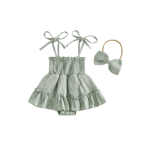 Robe Barboteuse Sans Manches à Volants Unie pour Bébé avec Bandeau