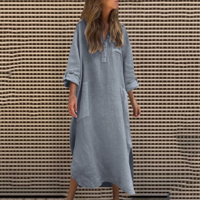 Ovzne Robes pour Femmes 2025 Robe Femme Robe Femme Couleur Unie à Manches Longues à Rabat Bouton Irrégulier Bouton Poche Longue Robe Robe d'Été à Manches Longues Imprimée Longues Robes Liquidation