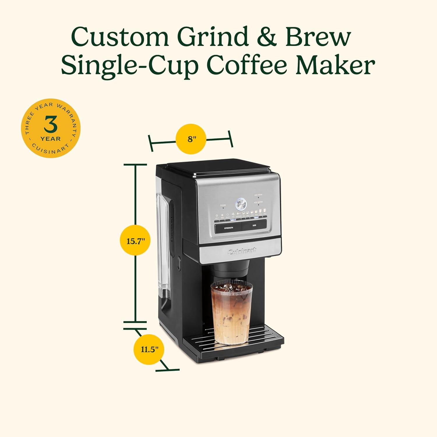 Cuisinart Coffee Maker, Custom Grind and Brew Single Cup Coffee Maker, 6 Cup Sizes, Built-in Stainless Steel Burr Mill