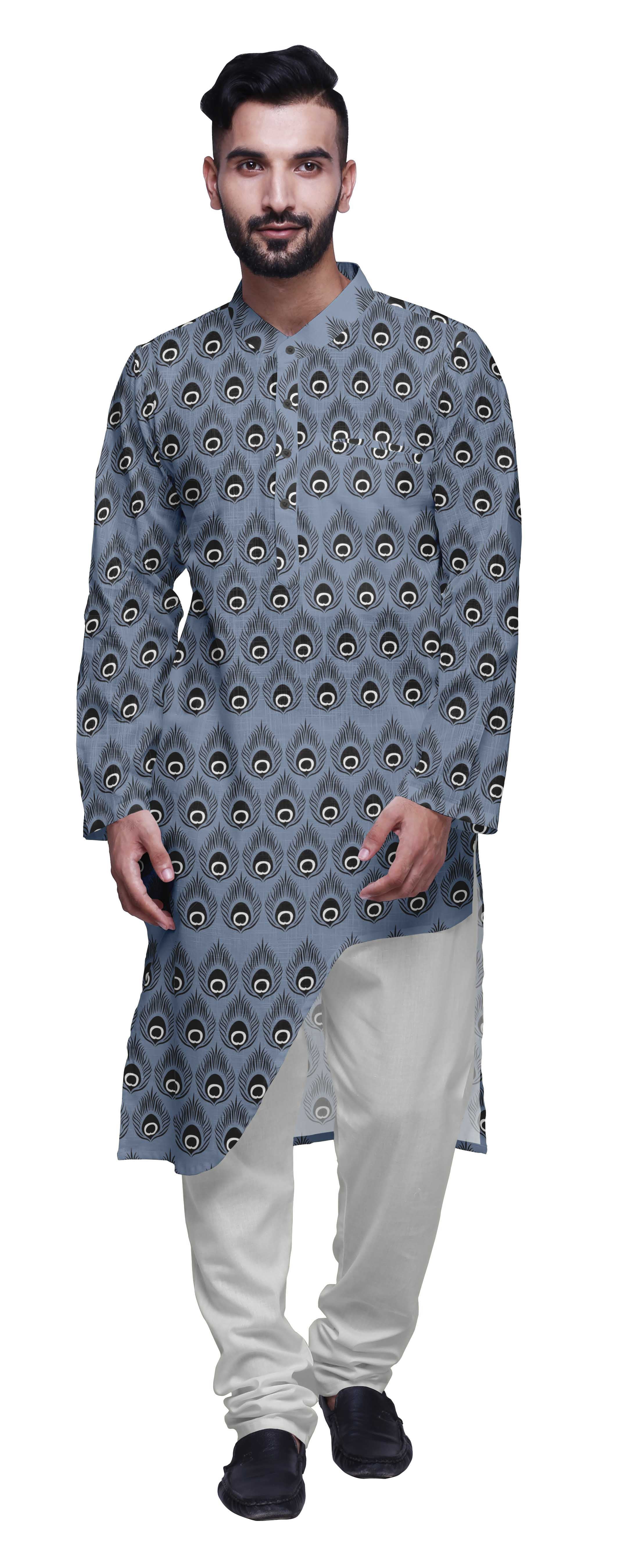 Atasi Ensemble Kurta-Pyjama Long Asymétrique Imprimé pour Hommes Tenue de Fête Vêtements