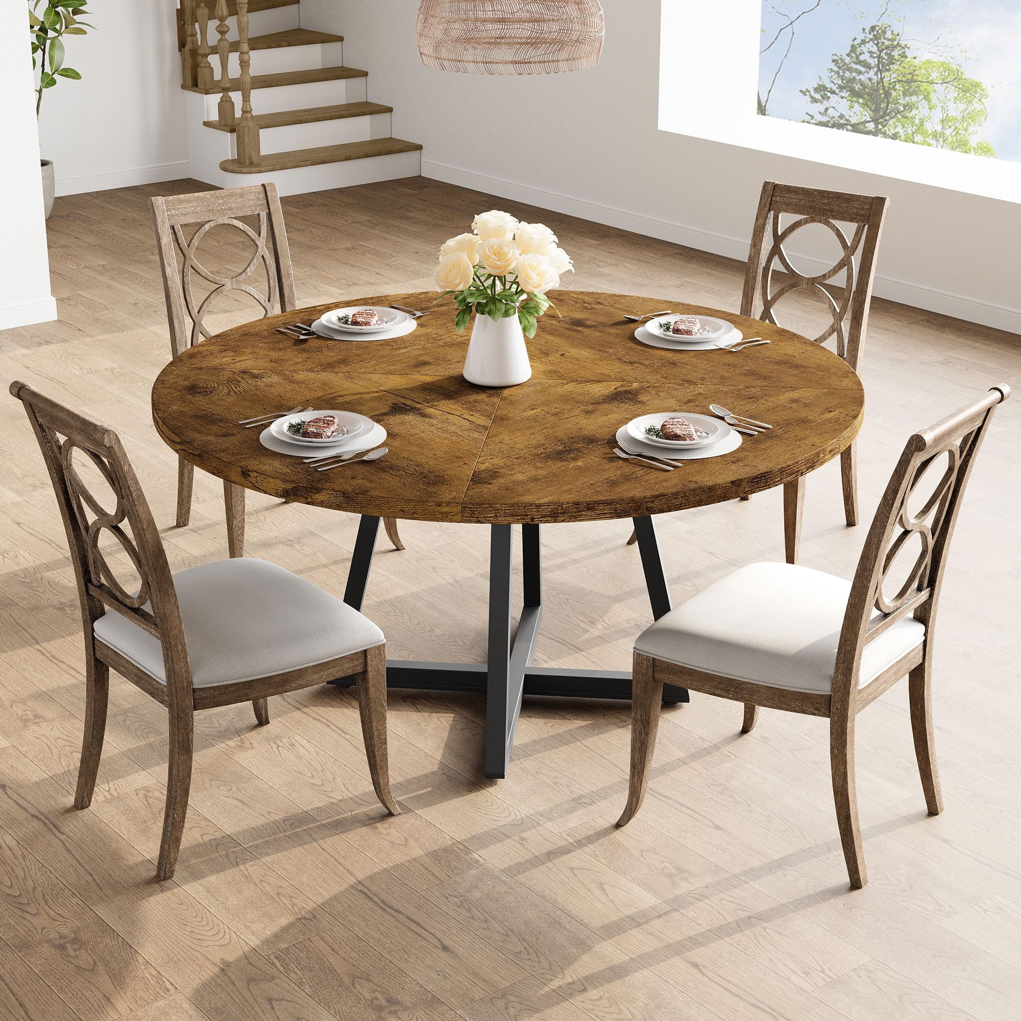 BeesClover 47'' Round Dining Table for 4, Farmhouse Kitchen Table, Metal Leg Modern Dining Table, Small Space Round Table for Kitchen Dining Room(Without Chair)