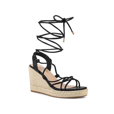 BLISSFUL STEP Women's Lace Up Platform Heel Espadrilles Wedge Sandals Black 8.5